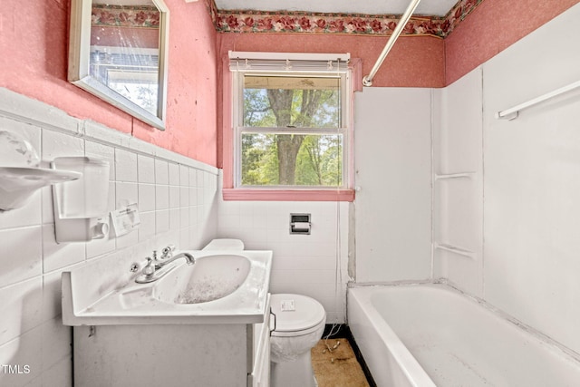 211 Cool Spring Rd, Durham, NC 27713 - bathroom featuring vanity, toilet, tile walls, shower / bath combination, and wainscoting