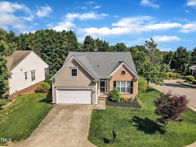 3400 Secretariat Way, Raleigh, NC 27614 - traditional-style home with driveway, a front lawn, a shingled roof, and brick siding
