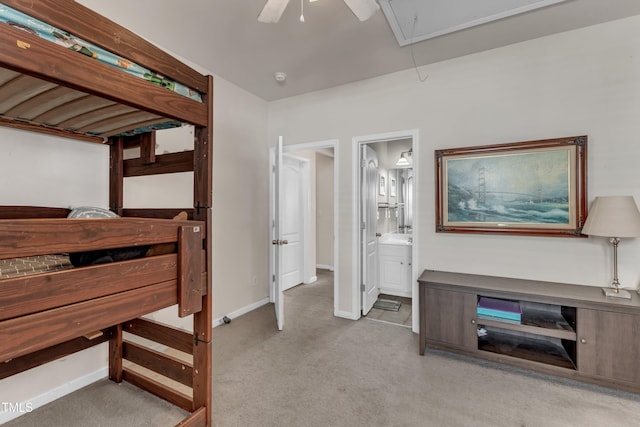 3400 Secretariat Way, Raleigh, NC 27614 - bedroom with attic access, carpet flooring, connected bathroom, baseboards, and ceiling fan