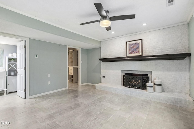 1420 Seabrook Ave, Cary, NC 27511 - unfurnished living room with a fireplace, a ceiling fan, and baseboards