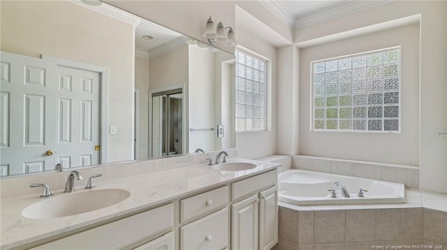 202 Juniper Creek Blvd, Pinehurst, NC 28374 - full bath featuring a bath, ornamental molding, and double vanity