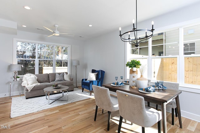 1514 W Knox St, Durham, NC 27705 - dining room featuring a chandelier, light wood-style floors, recessed lighting, baseboards, and a ceiling fan