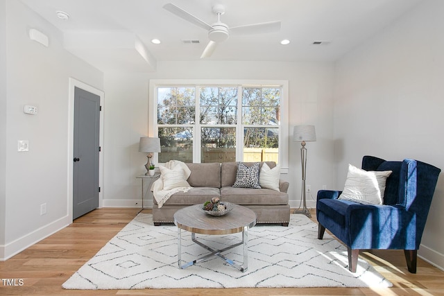 1514 W Knox St, Durham, NC 27705 - living room with baseboards, ceiling fan, light wood-style flooring, and recessed lighting