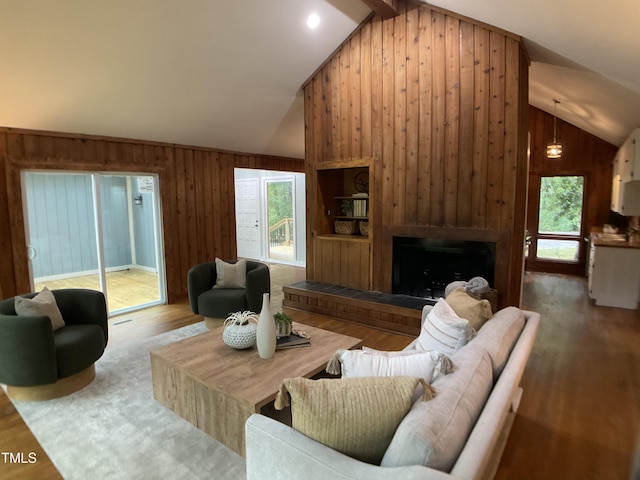 102 Pebble Ct, Chapel Hill, NC 27516 - living area featuring lofted ceiling, wood walls, wood finished floors, and a fireplace with raised hearth