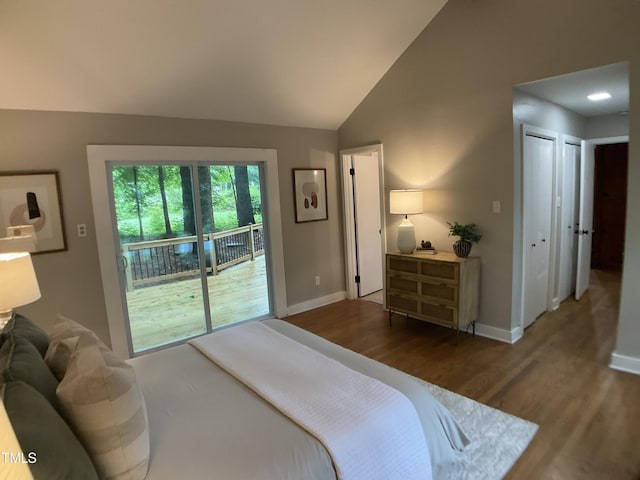 102 Pebble Ct, Chapel Hill, NC 27516 - bedroom featuring access to exterior, vaulted ceiling, wood finished floors, and baseboards