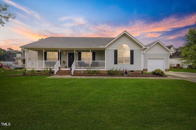124 Roscommon Ln, Clayton, NC 27520 - single story home with a porch, a front yard, driveway, a garage, and crawl space