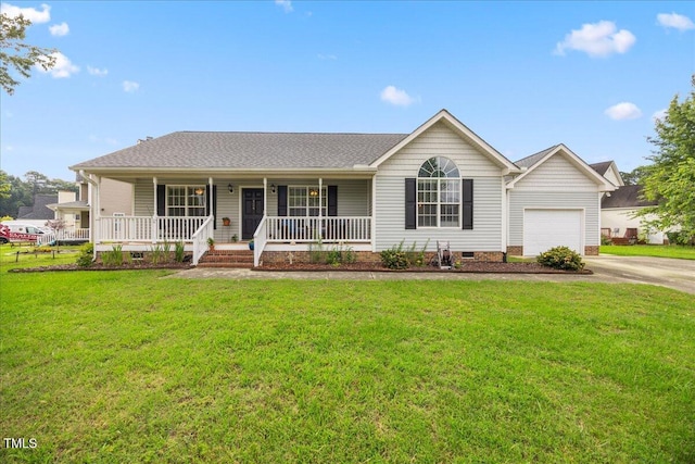 124 Roscommon Ln, Clayton, NC 27520 - ranch-style home featuring a porch, concrete driveway, an attached garage, and a front lawn