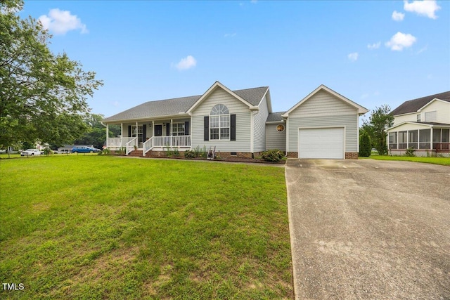 124 Roscommon Ln, Clayton, NC 27520 - single story home featuring a porch, an attached garage, concrete driveway, crawl space, and a front yard