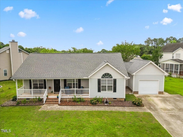 124 Roscommon Ln, Clayton, NC 27520 - view of front of house featuring covered porch, crawl space, a front lawn, concrete driveway, and a shingled roof