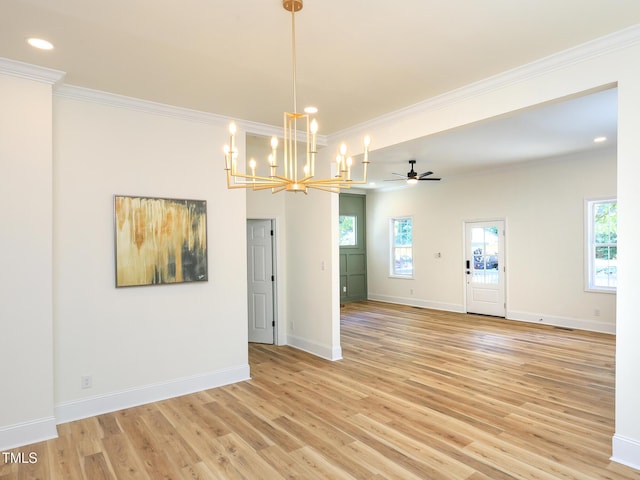 2106 University Dr, Durham, NC 27707 - empty room featuring ornamental molding, light wood-style flooring, healthy amount of natural light, a chandelier, and baseboards