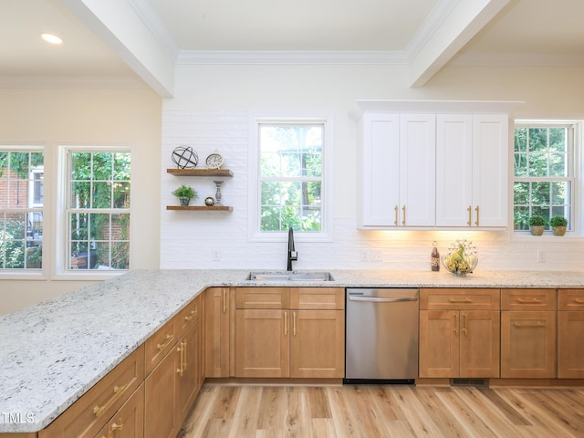 2106 University Dr, Durham, NC 27707 - kitchen featuring dishwasher, a sink, light wood-style floors, light stone countertops, and crown molding