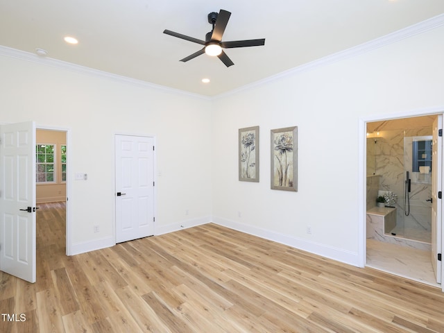 2106 University Dr, Durham, NC 27707 - unfurnished bedroom featuring crown molding, light wood-style floors, baseboards, recessed lighting, and connected bathroom