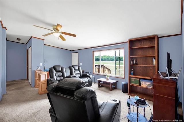 7504 Hidden Ln, Roseboro, NC 28382 - living room featuring light colored carpet, ceiling fan, and ornamental molding
