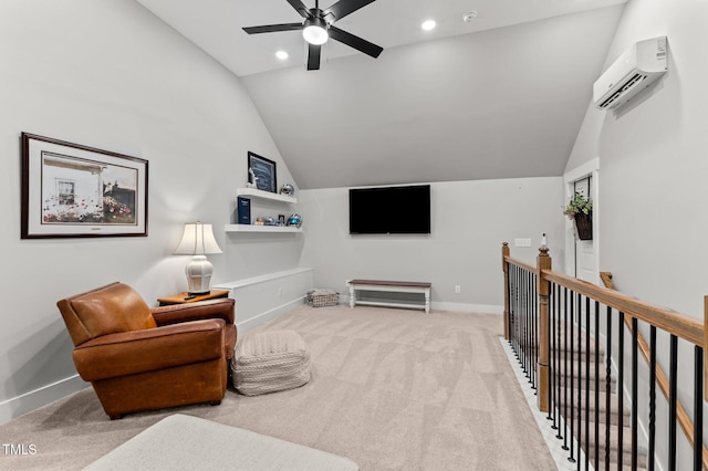 1412 Wakefield Farm Rd, Zebulon, NC 27597 - living area with lofted ceiling, carpet, ceiling fan, an upstairs landing, and baseboards