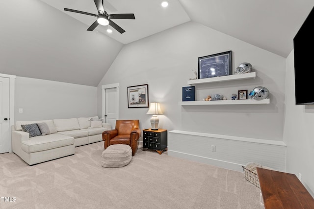 1412 Wakefield Farm Rd, Zebulon, NC 27597 - carpeted living room with lofted ceiling, ceiling fan, and recessed lighting