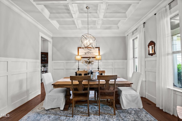 1412 Wakefield Farm Rd, Zebulon, NC 27597 - dining area with a decorative wall, coffered ceiling, wood finished floors, a chandelier, and beamed ceiling