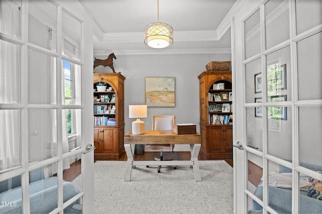 1412 Wakefield Farm Rd, Zebulon, NC 27597 - home office featuring french doors, crown molding, and wood finished floors