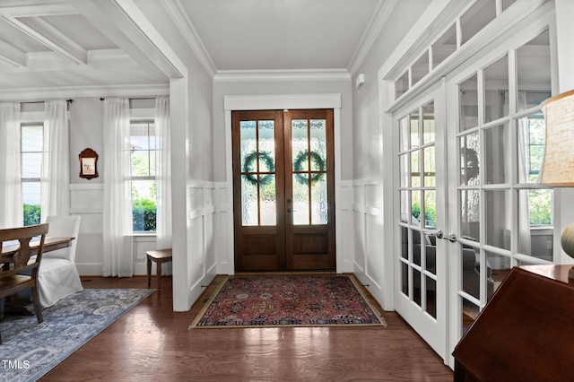 1412 Wakefield Farm Rd, Zebulon, NC 27597 - entrance foyer with french doors, a decorative wall, wainscoting, crown molding, and wood finished floors