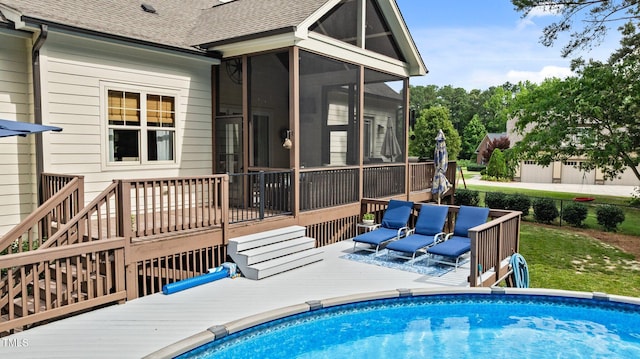 1412 Wakefield Farm Rd, Zebulon, NC 27597 - outdoor pool with a deck, a sunroom, and stairway