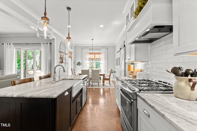 1412 Wakefield Farm Rd, Zebulon, NC 27597 - kitchen featuring appliances with stainless steel finishes, premium range hood, a sink, crown molding, and tasteful backsplash