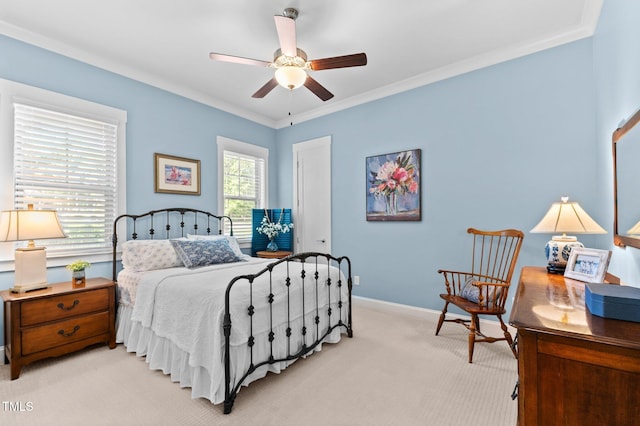 1412 Wakefield Farm Rd, Zebulon, NC 27597 - bedroom featuring light colored carpet, baseboards, ornamental molding, and ceiling fan