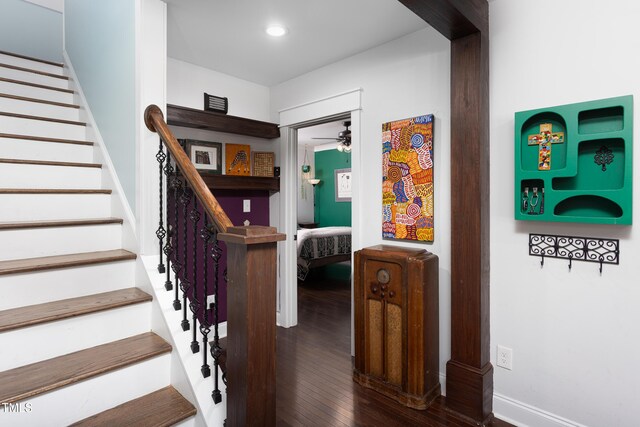 2805 Fayetteville St, Durham, NC 27707 - stairs with wood finished floors, a ceiling fan, baseboards, and recessed lighting
