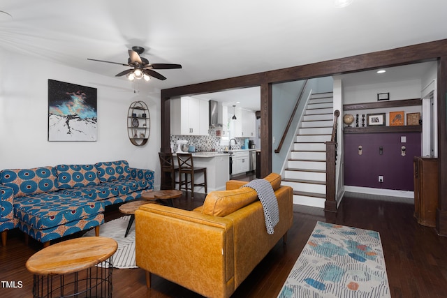 2805 Fayetteville St, Durham, NC 27707 - living area featuring ceiling fan, dark wood finished floors, stairs, and recessed lighting