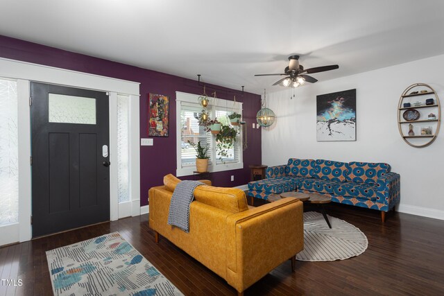 2805 Fayetteville St, Durham, NC 27707 - living area with wood finished floors, ceiling fan, and baseboards