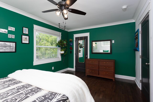 2805 Fayetteville St, Durham, NC 27707 - bedroom with baseboards, dark wood-type flooring, ornamental molding, a closet, and ceiling fan