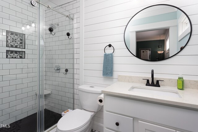 2805 Fayetteville St, Durham, NC 27707 - full bathroom with vanity, a stall shower, toilet, and wood walls