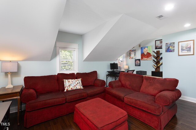 2805 Fayetteville St, Durham, NC 27707 - living area featuring wood finished floors, plenty of natural light, vaulted ceiling, an office area, and recessed lighting