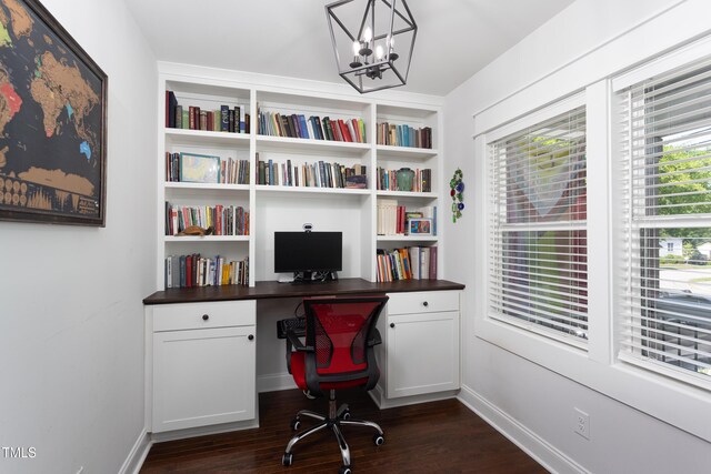 2805 Fayetteville St, Durham, NC 27707 - office featuring baseboards, a chandelier, and dark wood-style flooring