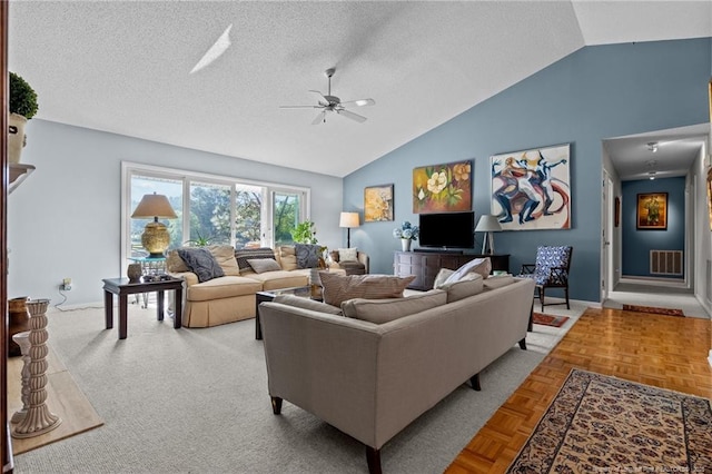 116 Fox Run Ct, West End, NC 27376 - living room with a ceiling fan, lofted ceiling, baseboards, and a textured ceiling