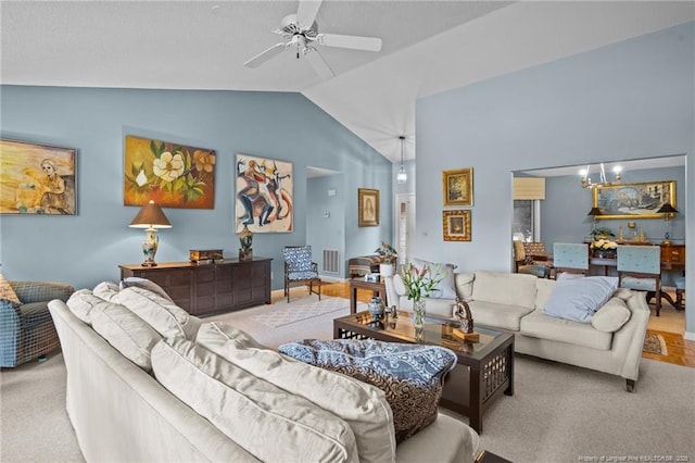 116 Fox Run Ct, West End, NC 27376 - living room featuring lofted ceiling, ceiling fan, and carpet