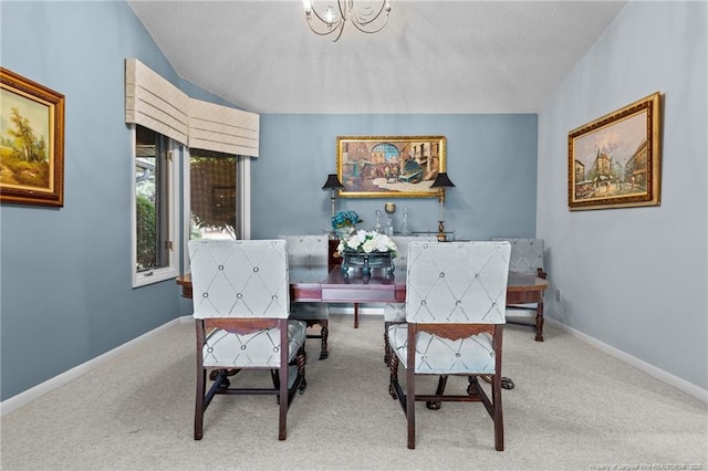 116 Fox Run Ct, West End, NC 27376 - carpeted dining space with a textured ceiling, vaulted ceiling, baseboards, and a chandelier