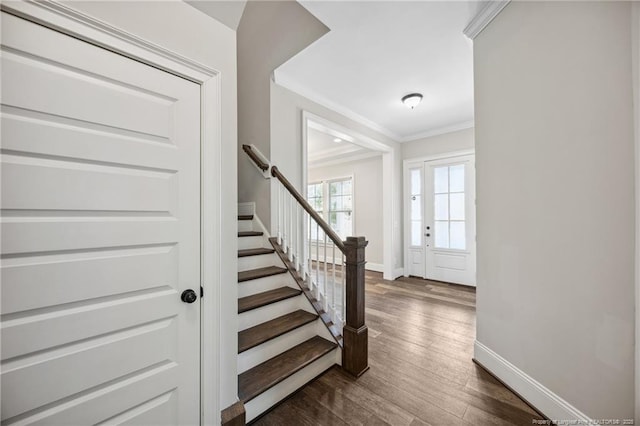 405 Gilpin Way, Cary, NC 27519 - entrance foyer featuring stairs, crown molding, and dark wood-style flooring