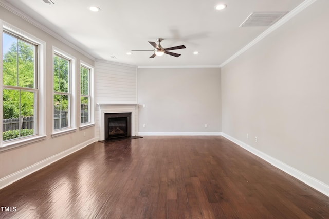 1600 Drift Falls Ln, Wendell, NC 27591 - unfurnished living room with a ceiling fan, dark wood-style flooring, baseboards, crown molding, and recessed lighting