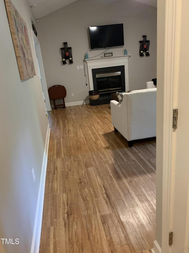 352 Riverstone Dr, Clayton, NC 27527 - living room with wood finished floors, a glass covered fireplace, and baseboards