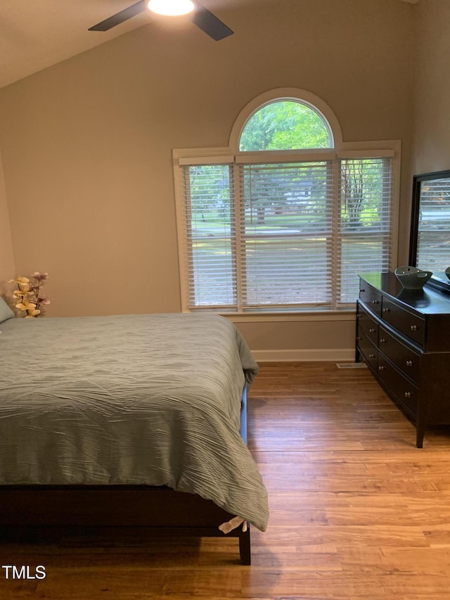 352 Riverstone Dr, Clayton, NC 27527 - bedroom with light wood finished floors, ceiling fan, baseboards, and lofted ceiling