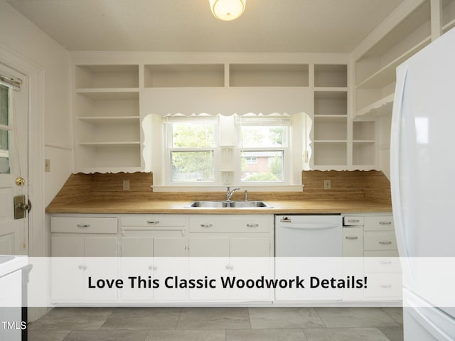 1410 Shawnee St, Durham, NC 27701 - kitchen featuring open shelves, white appliances, white cabinetry, backsplash, and light countertops