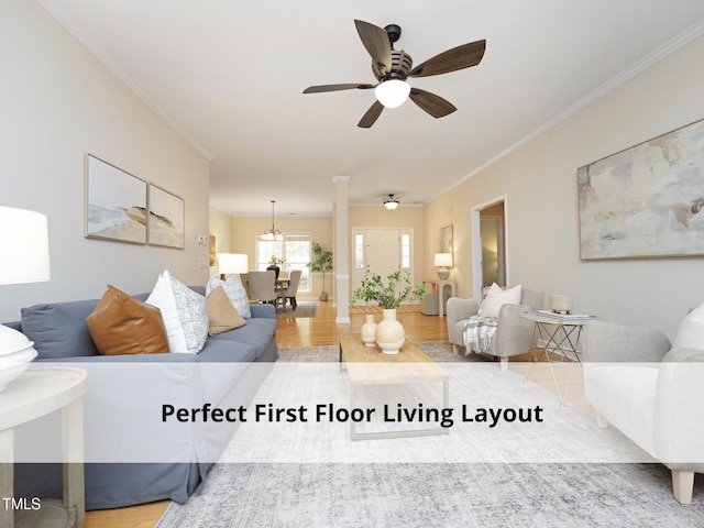 603 Red Cedar Cir, Durham, NC 27712 - living area with ornamental molding, ceiling fan, wood finished floors, and a chandelier