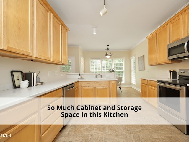 603 Red Cedar Cir, Durham, NC 27712 - kitchen with stainless steel appliances, light brown cabinetry, ornamental molding, a peninsula, and light countertops