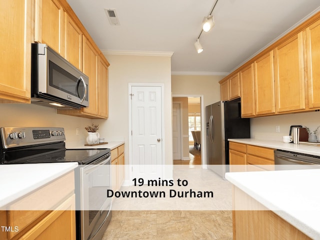 603 Red Cedar Cir, Durham, NC 27712 - kitchen featuring stainless steel appliances, ornamental molding, light countertops, and light brown cabinets