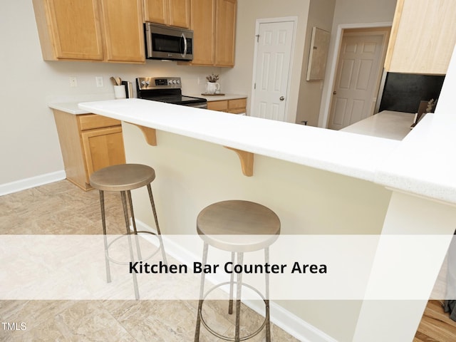 603 Red Cedar Cir, Durham, NC 27712 - kitchen with appliances with stainless steel finishes, a peninsula, a breakfast bar, and light countertops