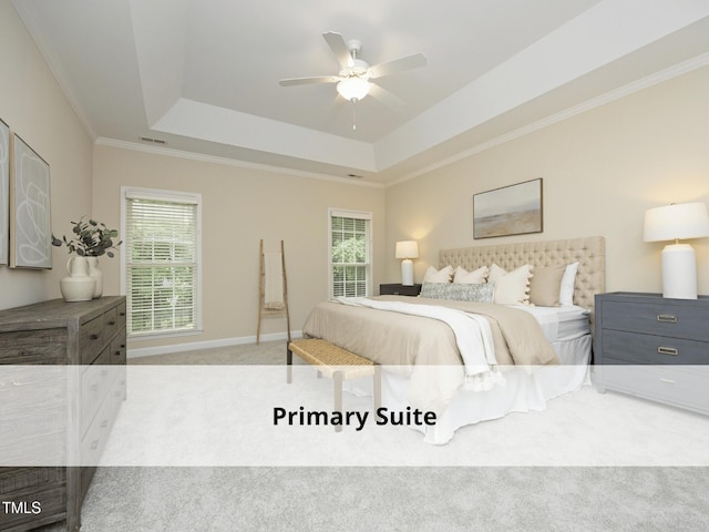 603 Red Cedar Cir, Durham, NC 27712 - carpeted bedroom with a raised ceiling, ornamental molding, and a ceiling fan
