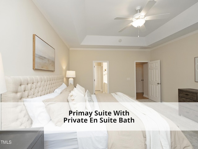 603 Red Cedar Cir, Durham, NC 27712 - carpeted bedroom with a tray ceiling, ornamental molding, ensuite bathroom, and a ceiling fan