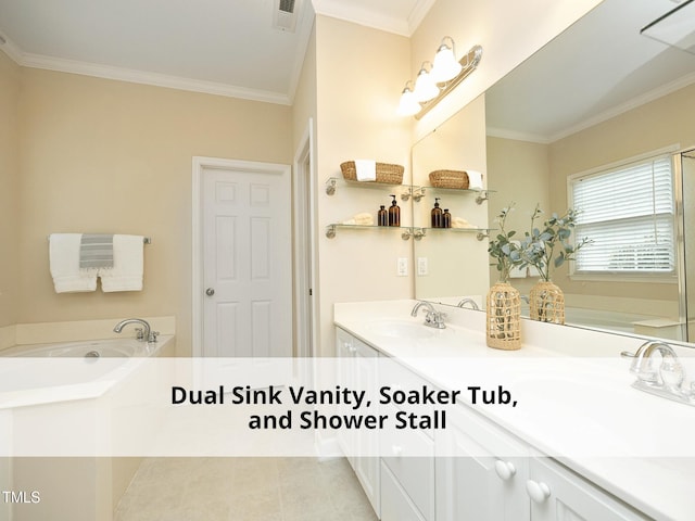 603 Red Cedar Cir, Durham, NC 27712 - full bathroom with double vanity, a garden tub, and crown molding