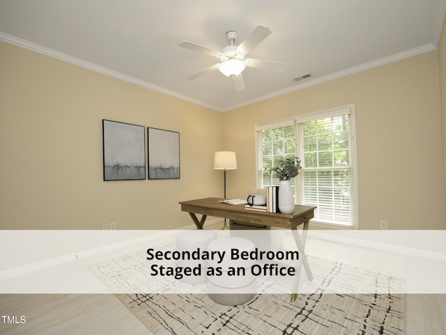 603 Red Cedar Cir, Durham, NC 27712 - office area with crown molding, wood finished floors, and ceiling fan