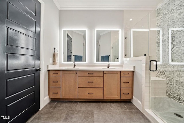 245 Tumbling River Dr, Wendell, NC 27591 - full bath featuring crown molding, double vanity, a shower stall, and baseboards