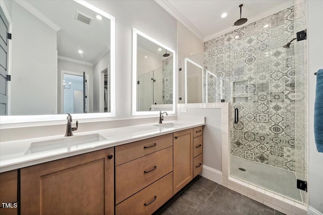 245 Tumbling River Dr, Wendell, NC 27591 - full bathroom featuring crown molding, a shower stall, double vanity, tile patterned flooring, and recessed lighting